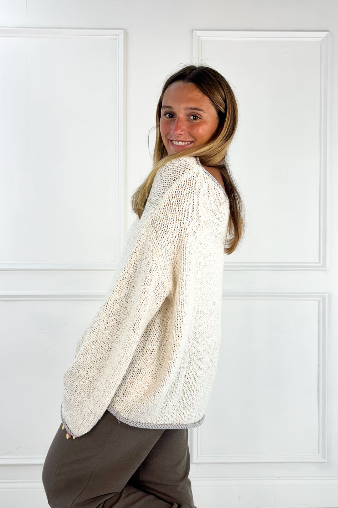 Boat Neck Contrast Trim Long Sleeve Knit Sweater