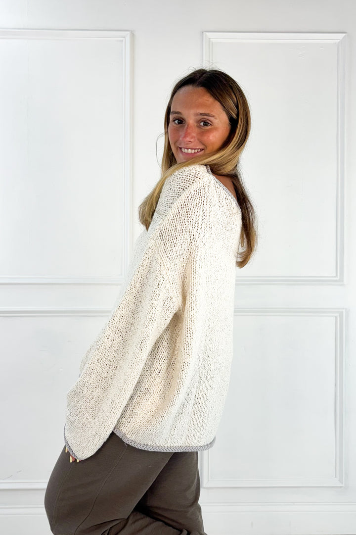 Boat Neck Contrast Trim Long Sleeve Knit Sweater
