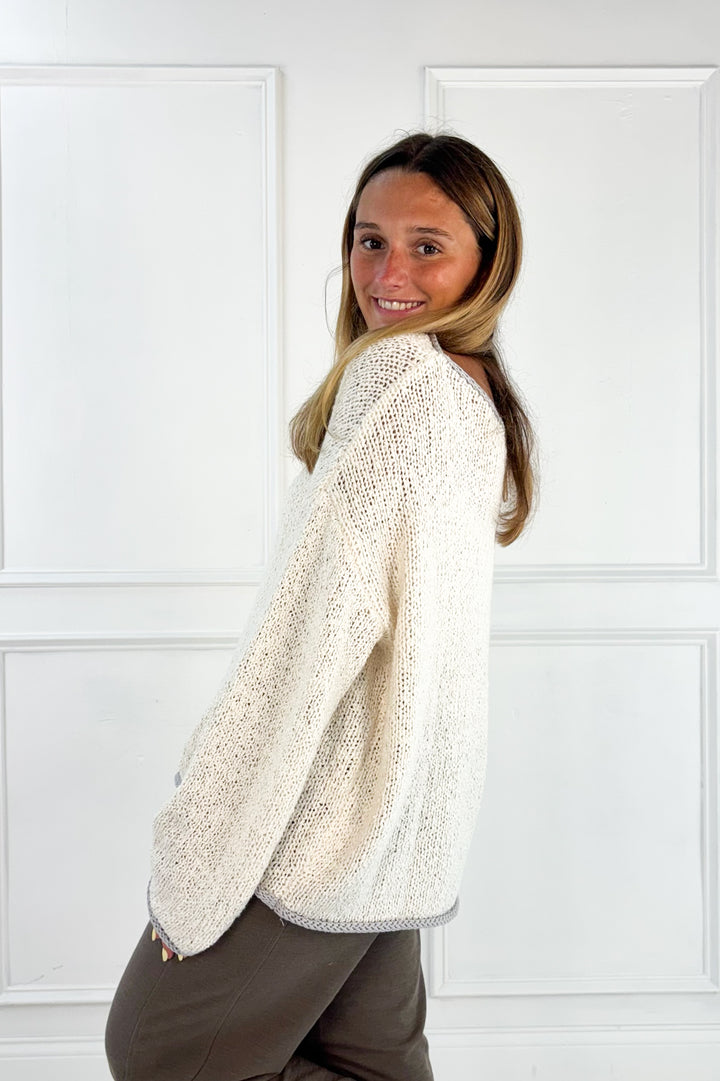 Boat Neck Contrast Trim Long Sleeve Knit Sweater