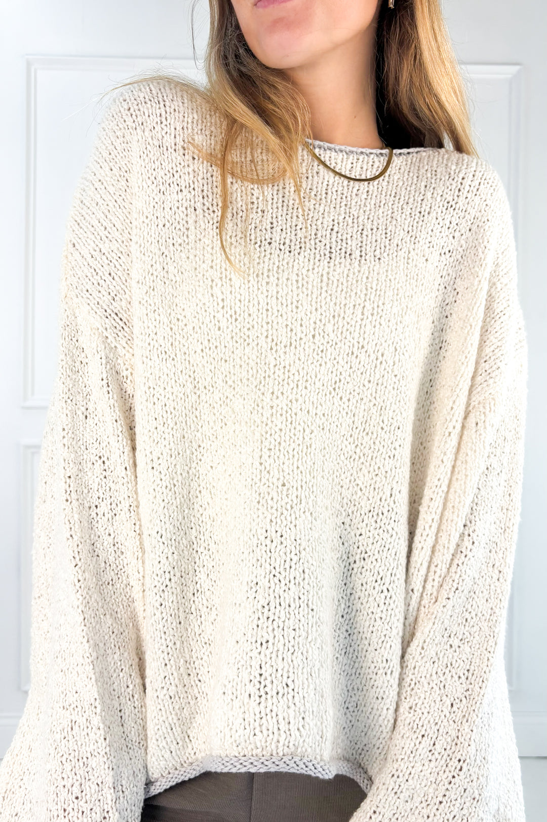 Boat Neck Contrast Trim Long Sleeve Knit Sweater