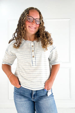 Striped Exposed Seam Henley Knit Top