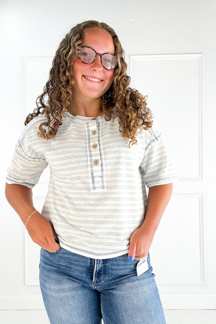 Striped Exposed Seam Henley Knit Top