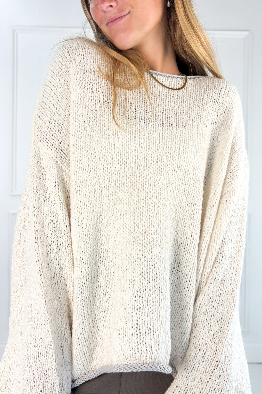 Boat Neck Contrast Trim Long Sleeve Knit Sweater