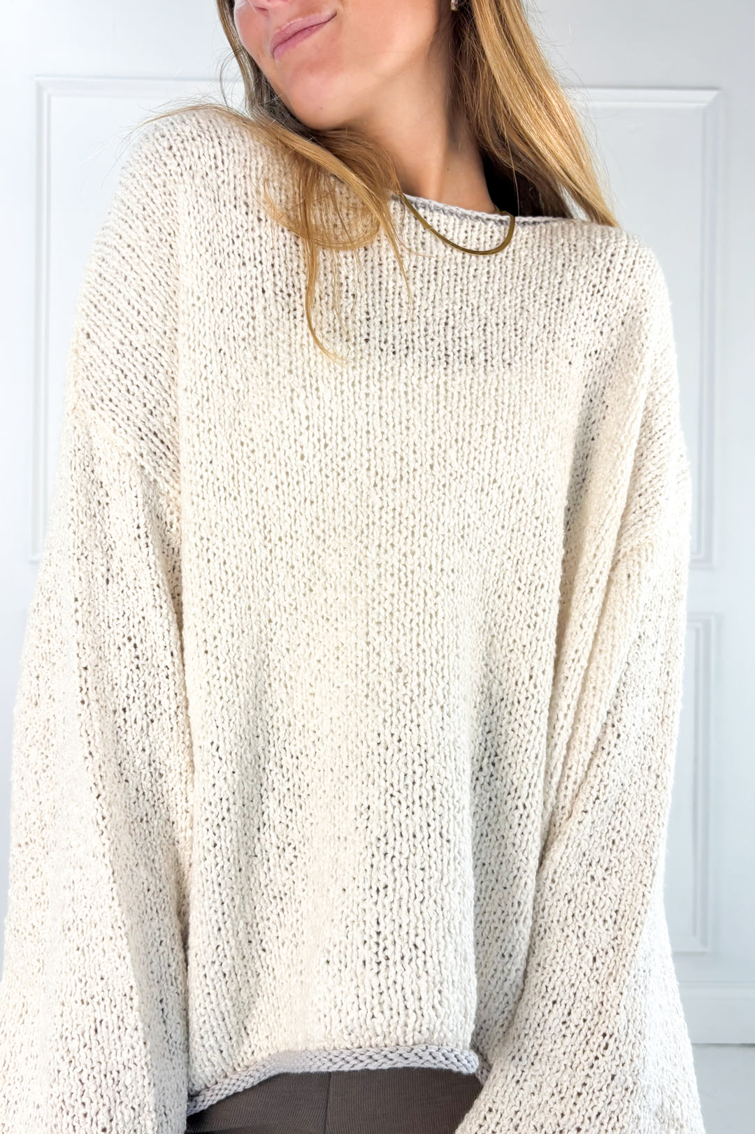 Boat Neck Contrast Trim Long Sleeve Knit Sweater