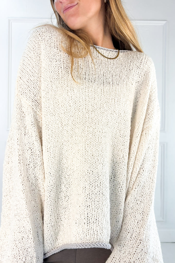 Boat Neck Contrast Trim Long Sleeve Knit Sweater