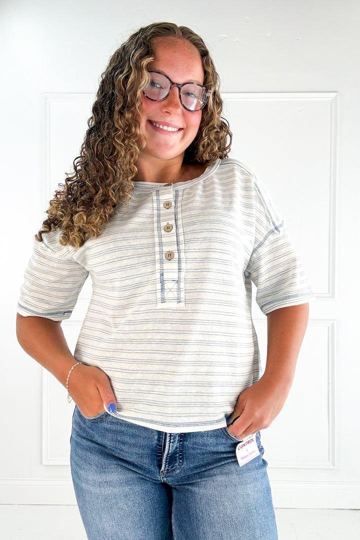 Striped Exposed Seam Henley Knit Top