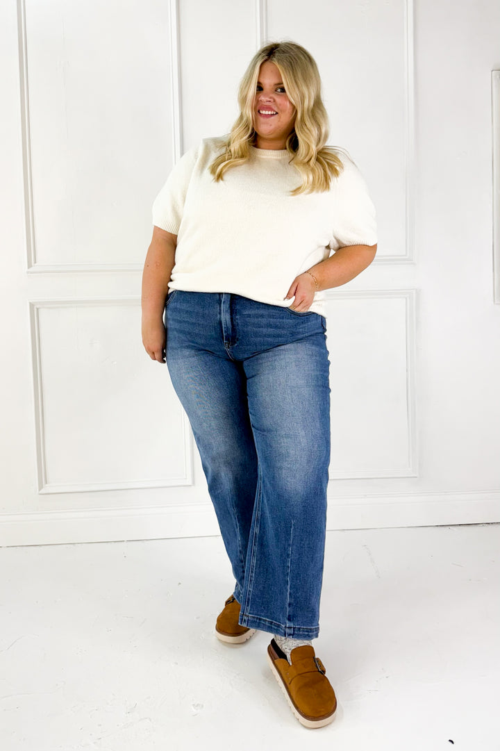 Ribbed Trim Knit Short Sleeve Curvy Top