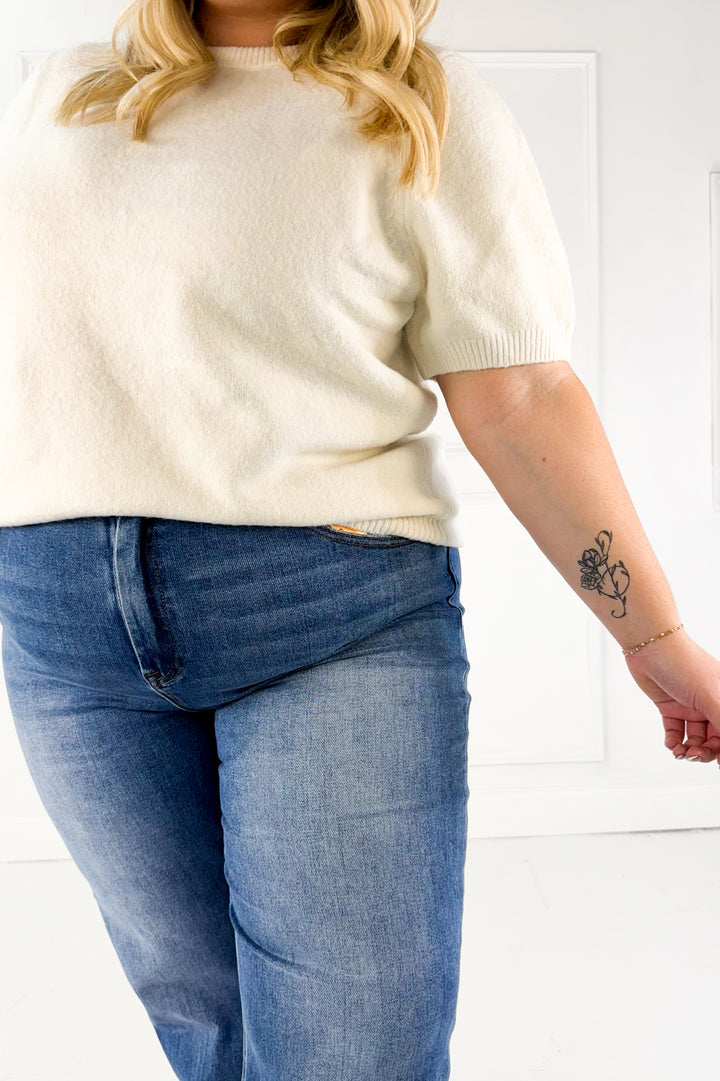 Ribbed Trim Knit Short Sleeve Curvy Top