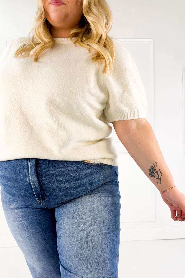 Ribbed Trim Knit Short Sleeve Curvy Top