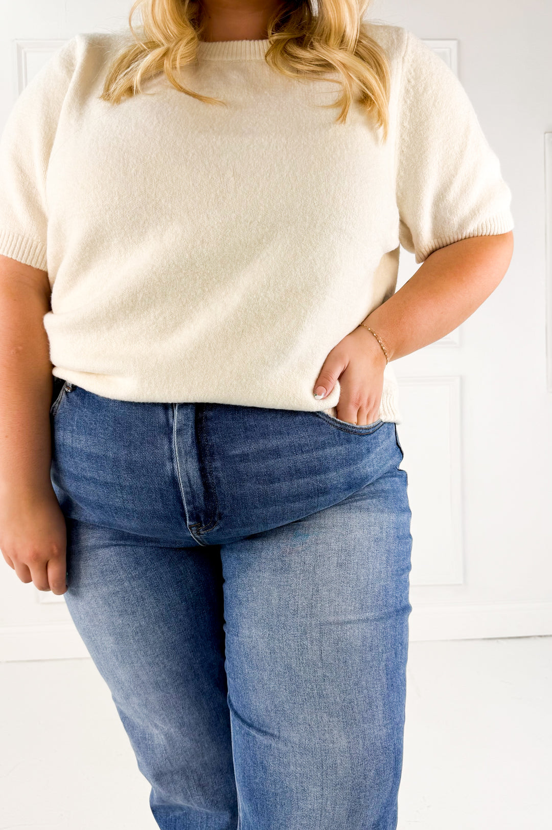 Ribbed Trim Knit Short Sleeve Curvy Top