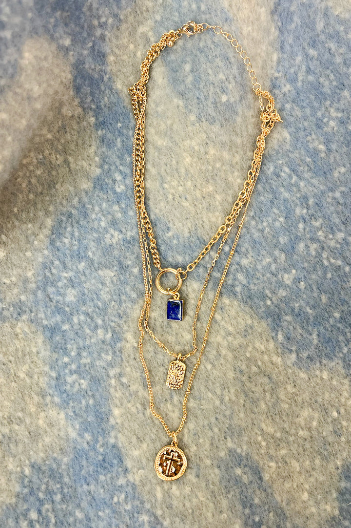 Layer Celestial Cross Blue Stone Charm Necklace