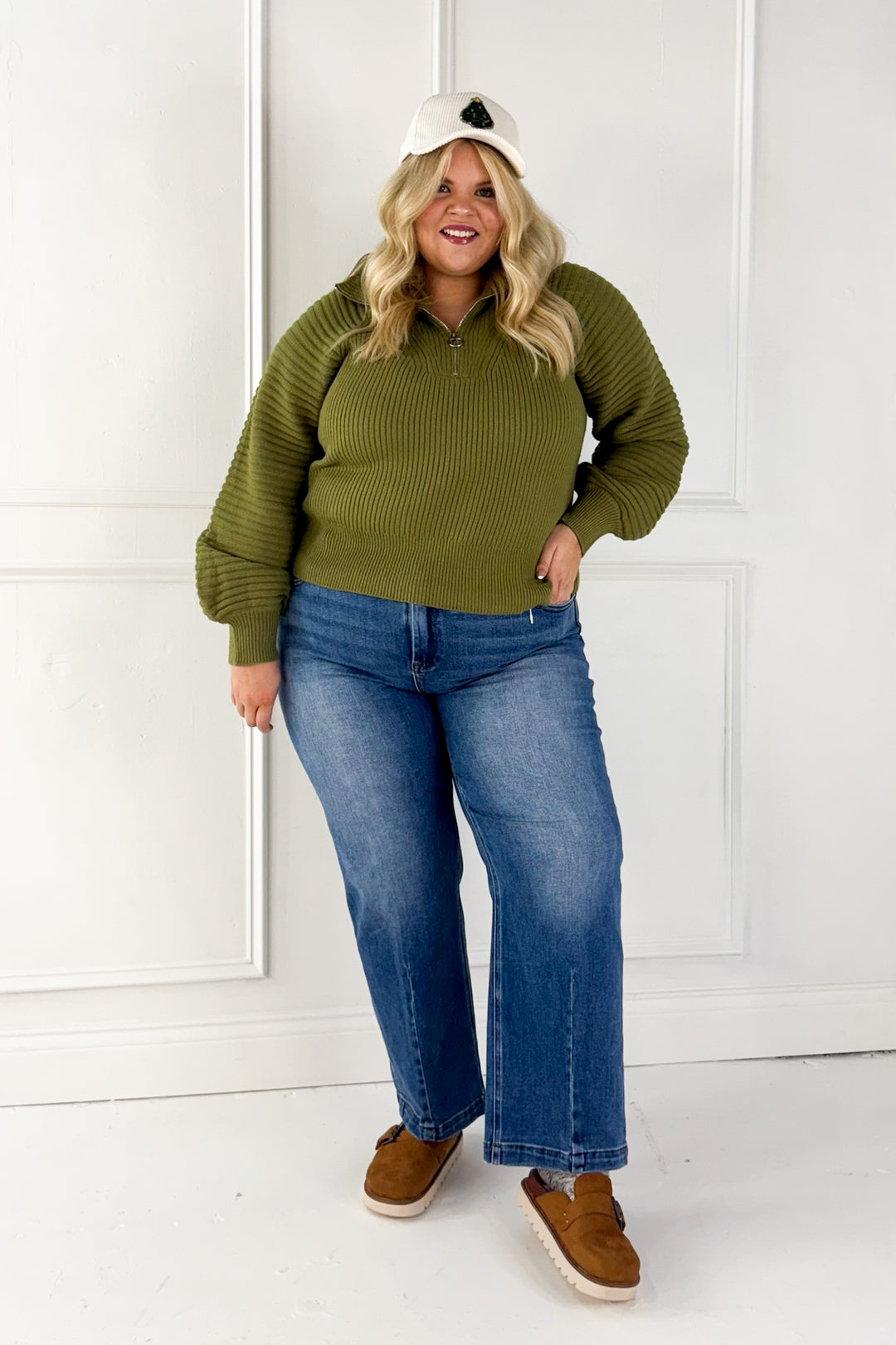 Half Zip Raglan Balloon Sleeves Ribbed Sweater