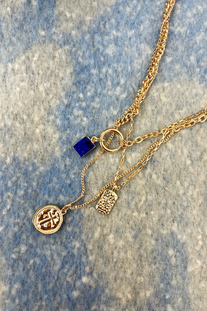 Layer Celestial Cross Blue Stone Charm Necklace