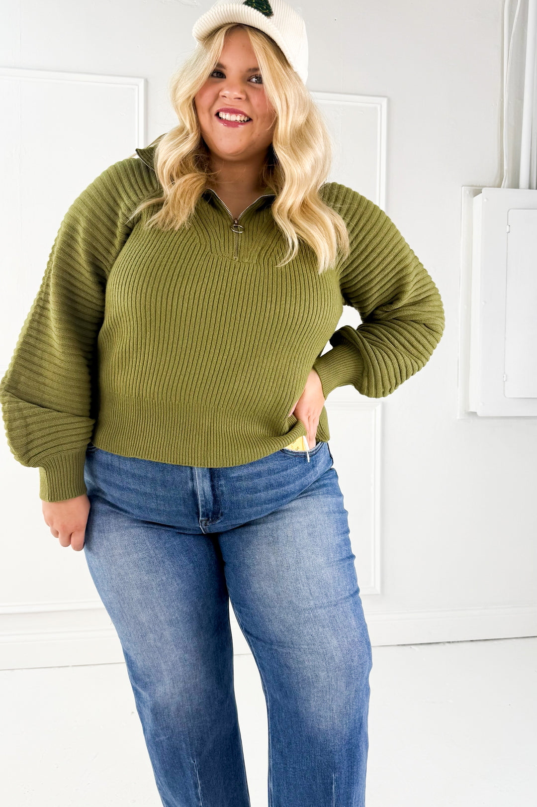 Half Zip Raglan Balloon Sleeves Ribbed Sweater