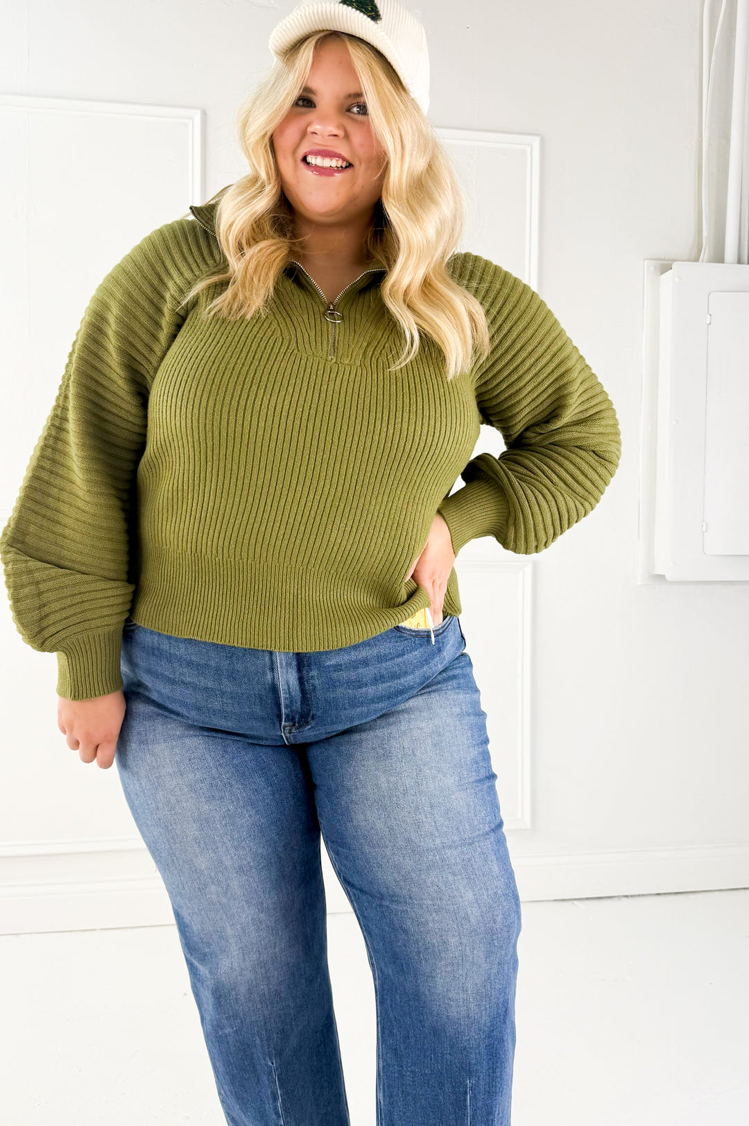 Half Zip Raglan Balloon Sleeves Ribbed Sweater