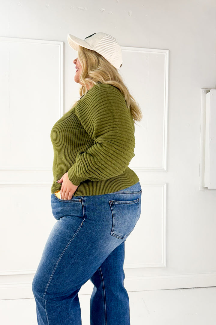 Half Zip Raglan Balloon Sleeves Ribbed Sweater