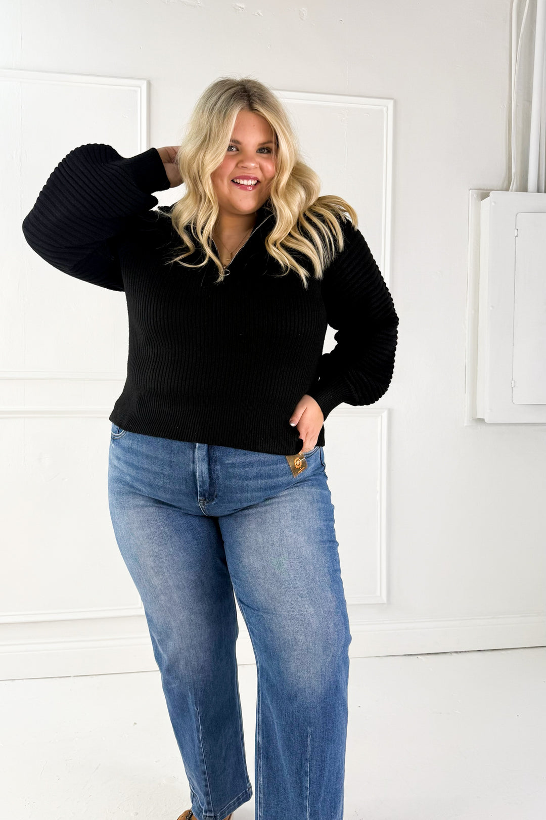 Half Zip Raglan Balloon Sleeves Ribbed Sweater