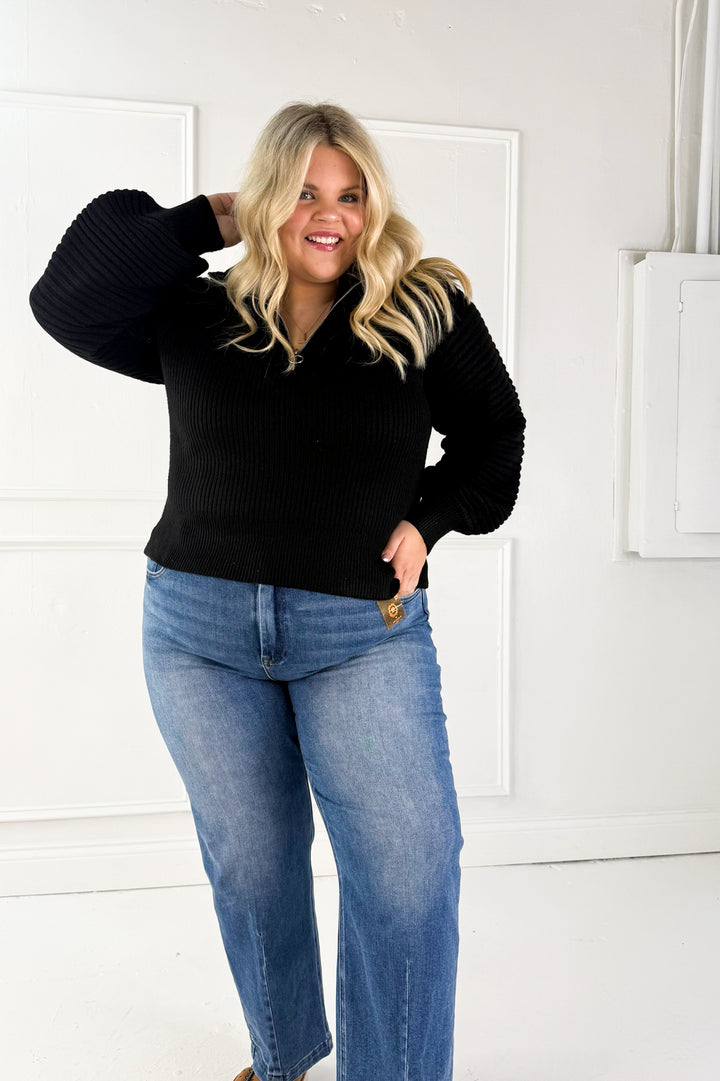 Half Zip Raglan Balloon Sleeves Ribbed Sweater