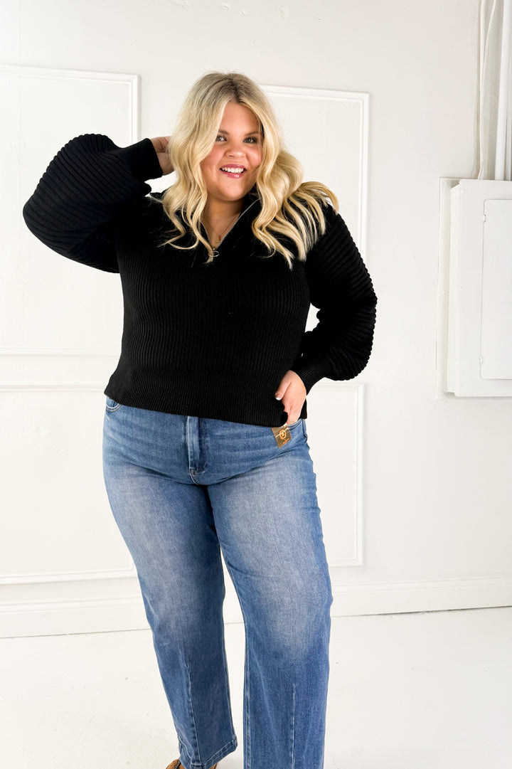 Half Zip Raglan Balloon Sleeves Ribbed Sweater