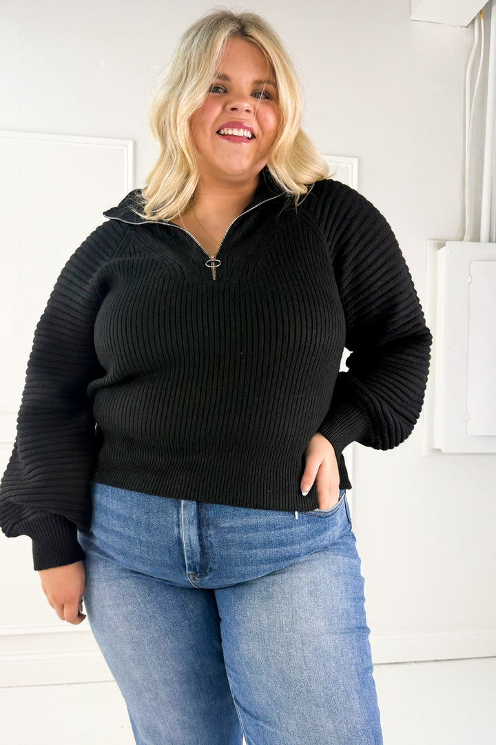 Half Zip Raglan Balloon Sleeves Ribbed Sweater