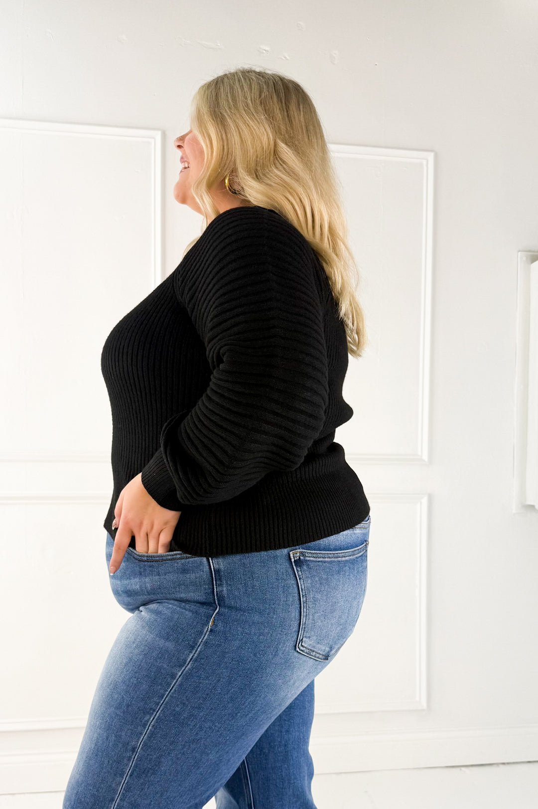 Half Zip Raglan Balloon Sleeves Ribbed Sweater