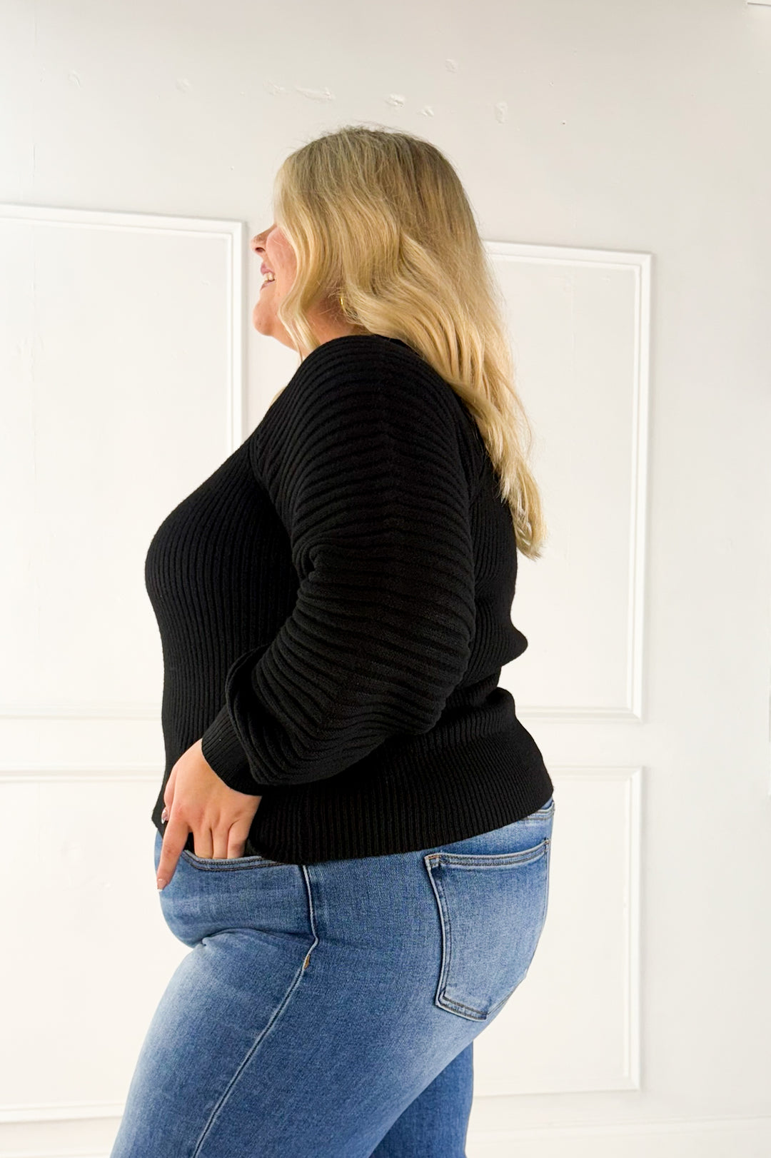 Half Zip Raglan Balloon Sleeves Ribbed Sweater