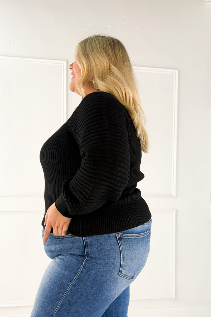 Half Zip Raglan Balloon Sleeves Ribbed Sweater