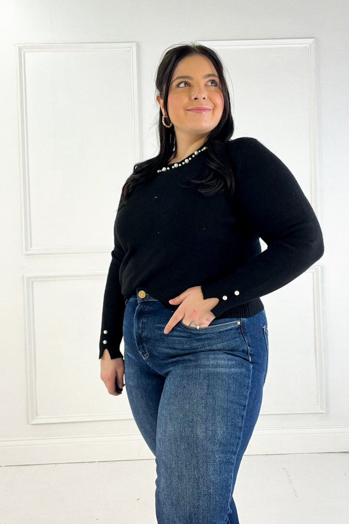 Pearl Detail Crew Neck Pullover Sweater