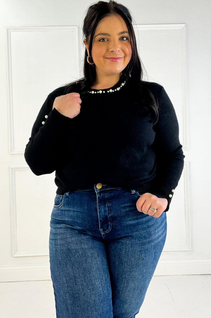 Pearl Detail Crew Neck Pullover Sweater