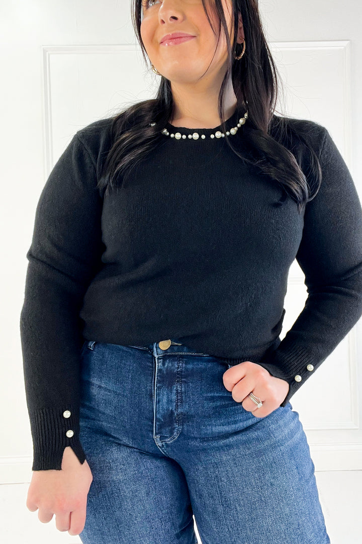 Pearl Detail Crew Neck Pullover Sweater