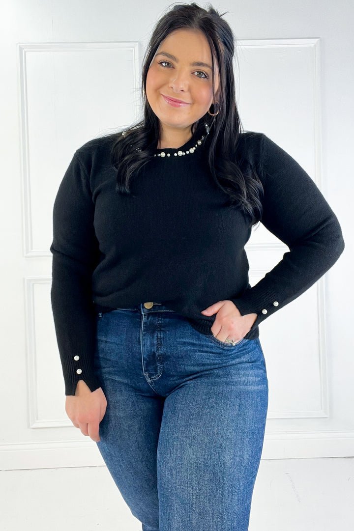 Pearl Detail Crew Neck Pullover Sweater