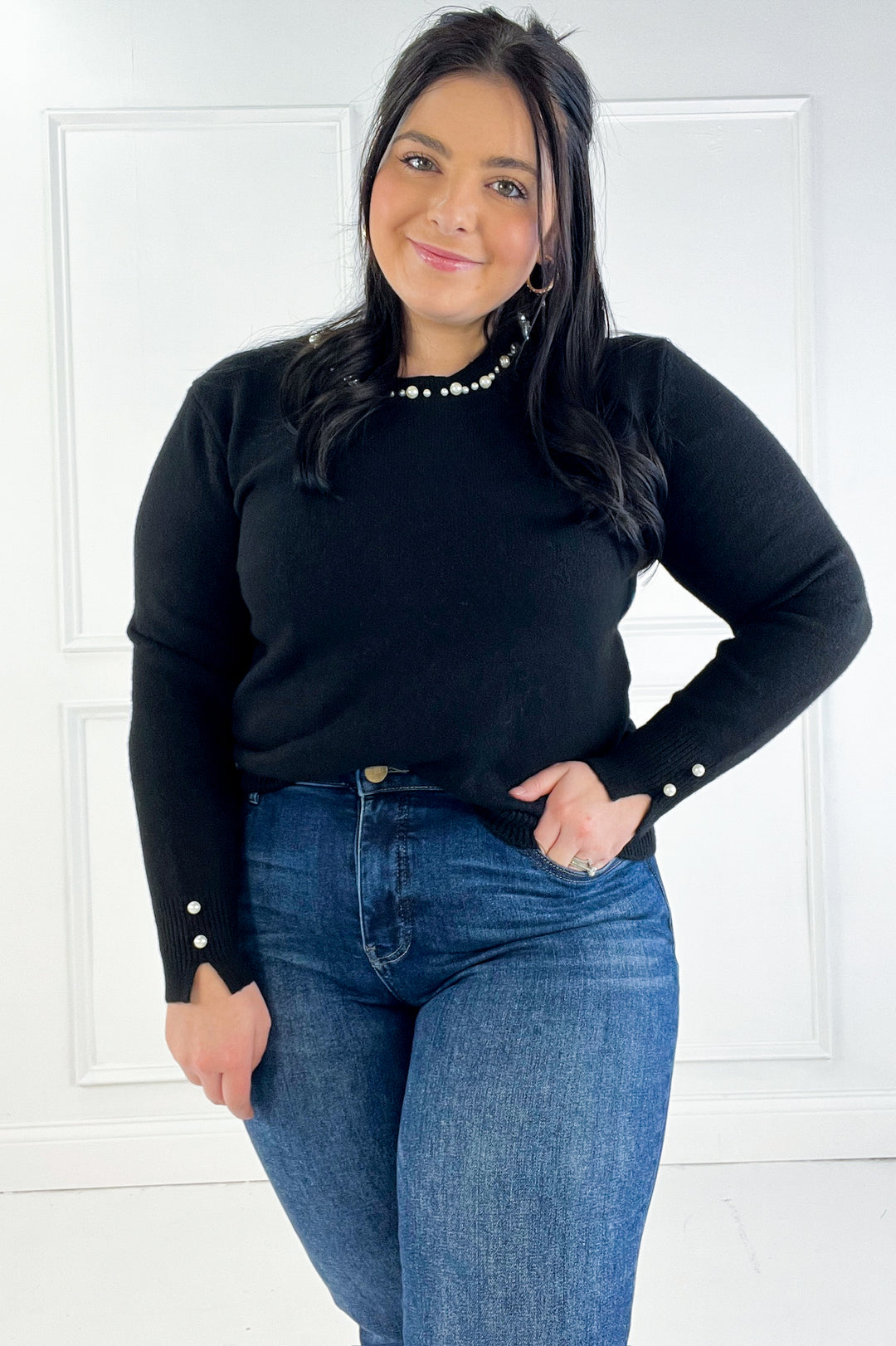 Pearl Detail Crew Neck Pullover Sweater