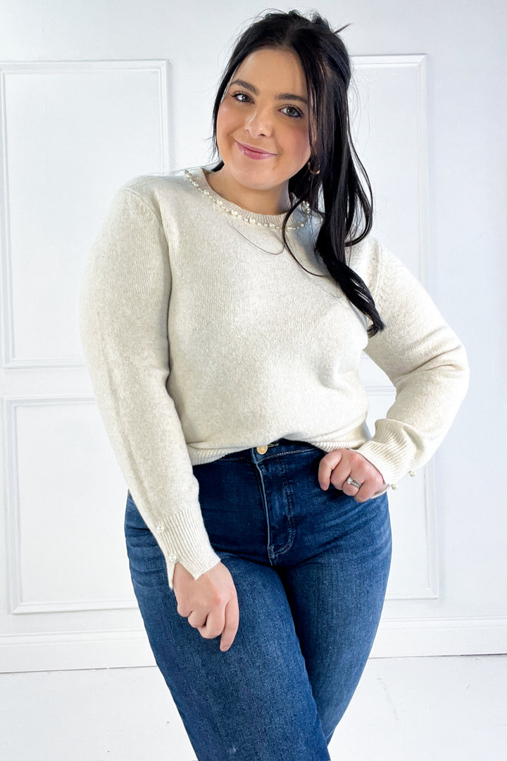 Pearl Detail Crew Neck Pullover Sweater