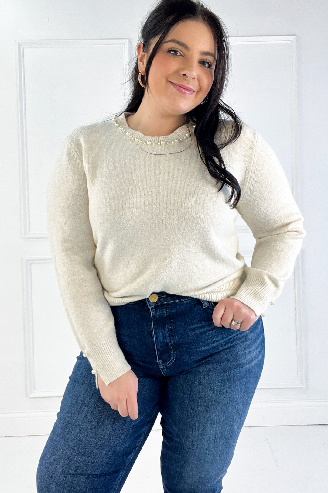 Pearl Detail Crew Neck Pullover Sweater