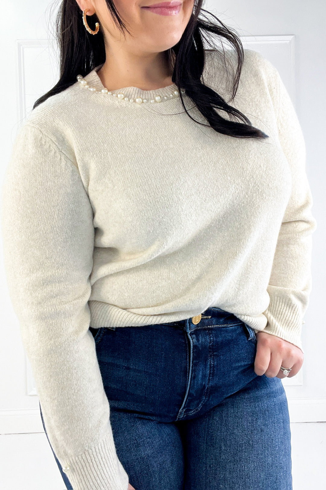 Pearl Detail Crew Neck Pullover Sweater