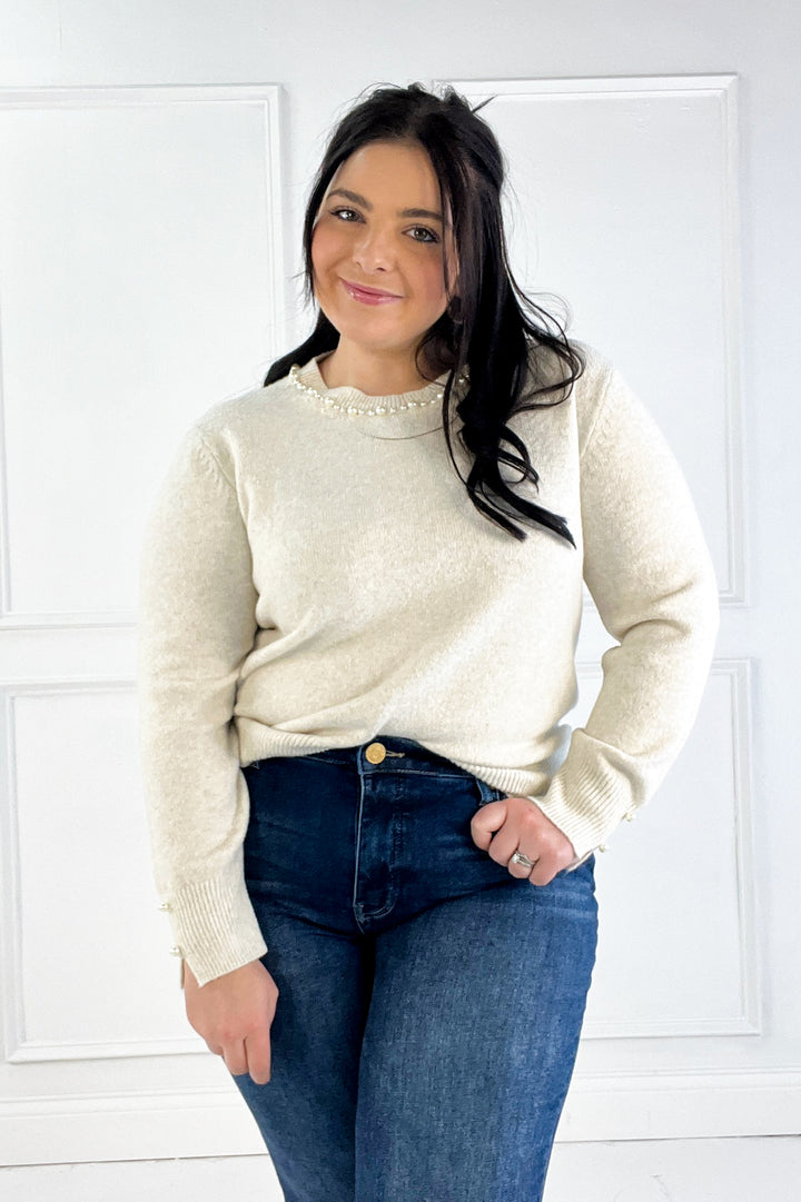 Pearl Detail Crew Neck Pullover Sweater