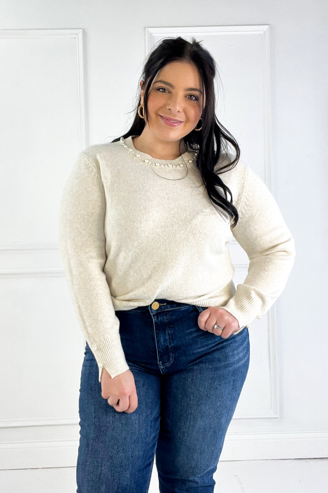 Pearl Detail Crew Neck Pullover Sweater