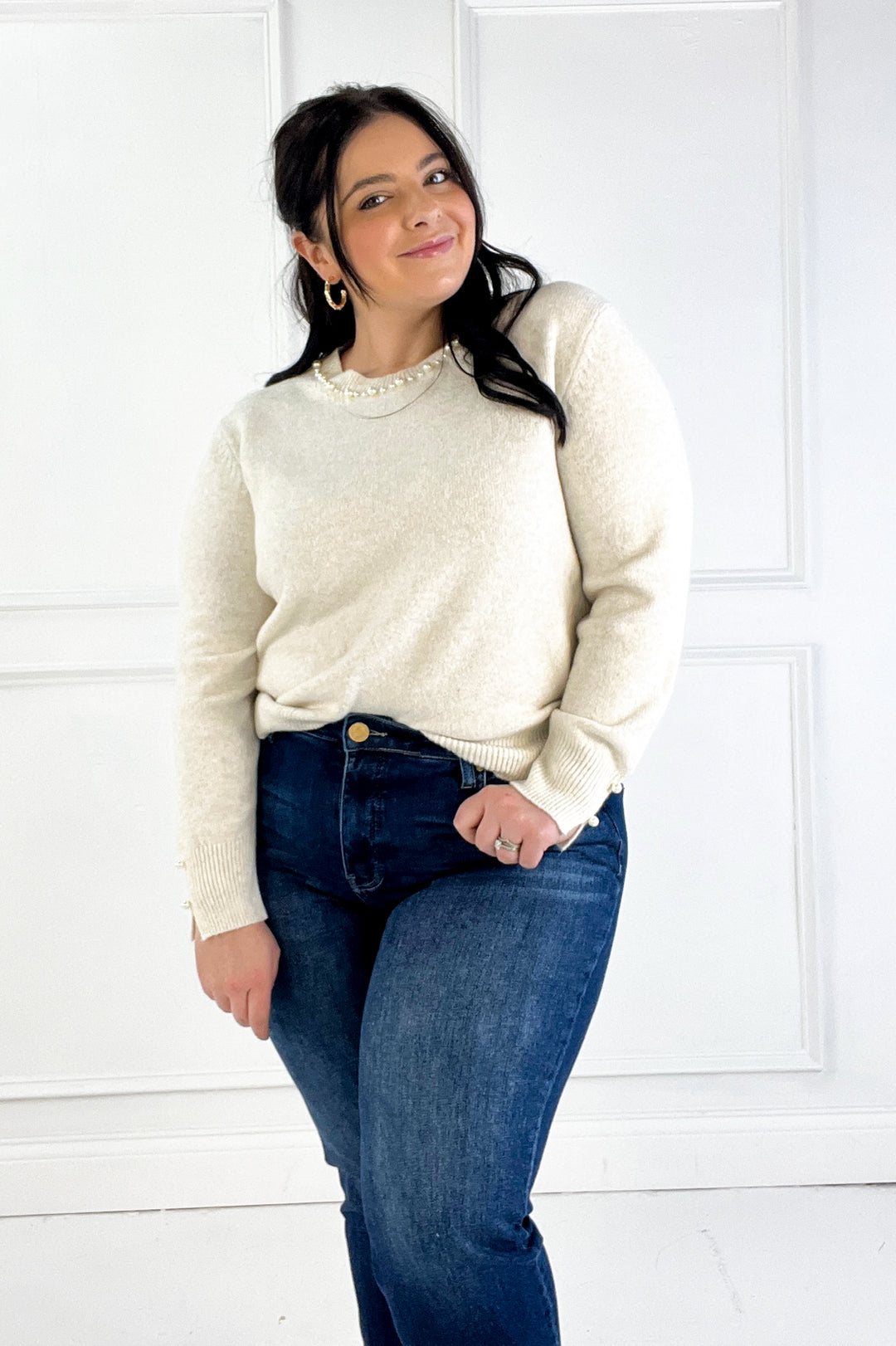 Pearl Detail Crew Neck Pullover Sweater