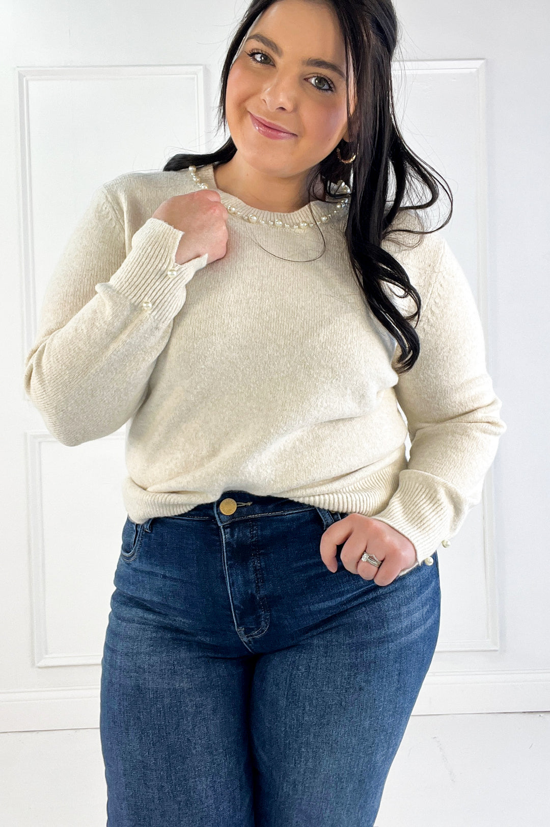 Pearl Detail Crew Neck Pullover Sweater