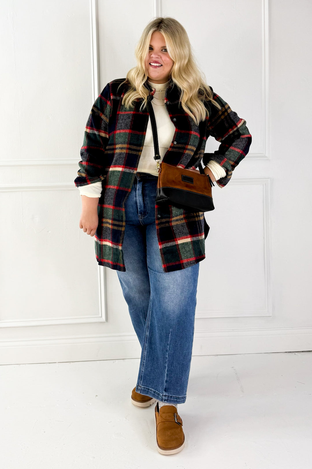 Long Sleeve Plaid Curvy Shirt Jacket
