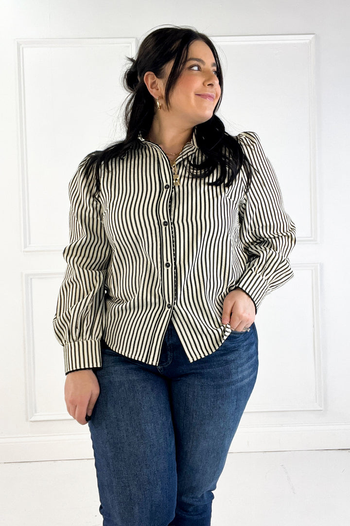 Stripe Scallop Trim Detail Puff Sleeve Blouse