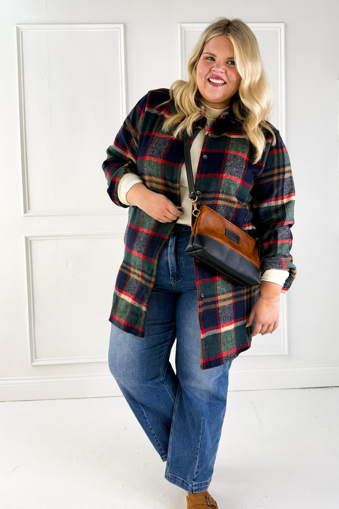 Long Sleeve Plaid Curvy Shirt Jacket