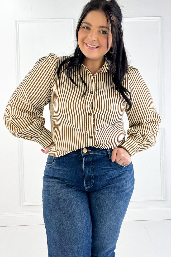 Stripe Scallop Trim Detail Puff Sleeve Blouse