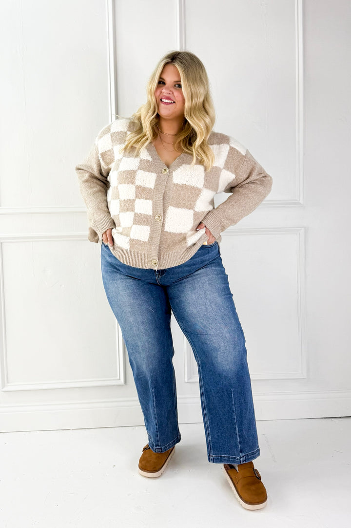 Puff Checker Sweater Curvy Cardigan