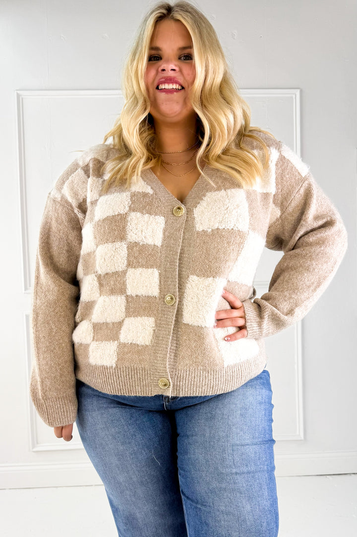 Puff Checker Sweater Curvy Cardigan