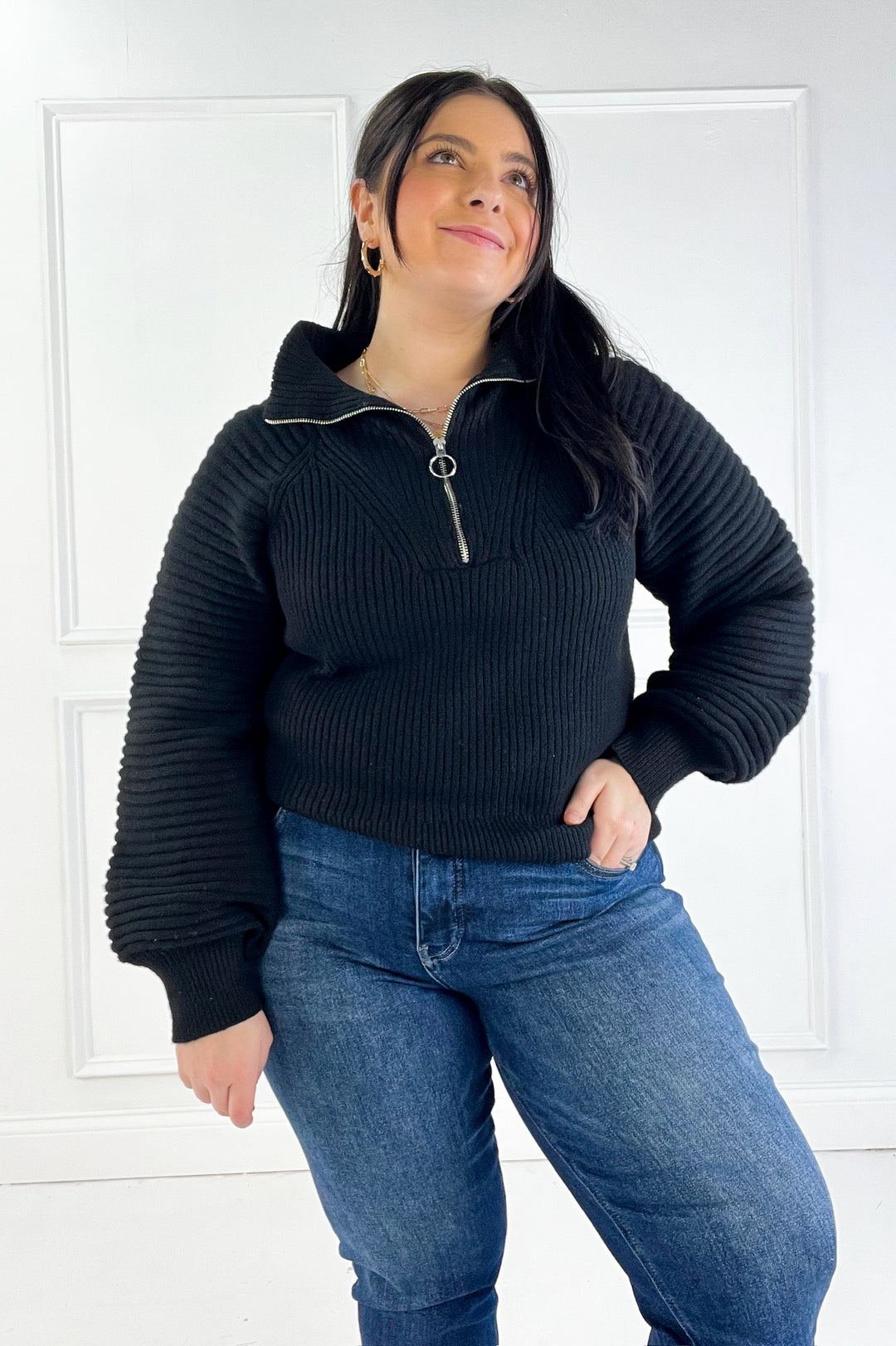 Half Zip Raglan Balloon Sleeves Ribbed Sweater