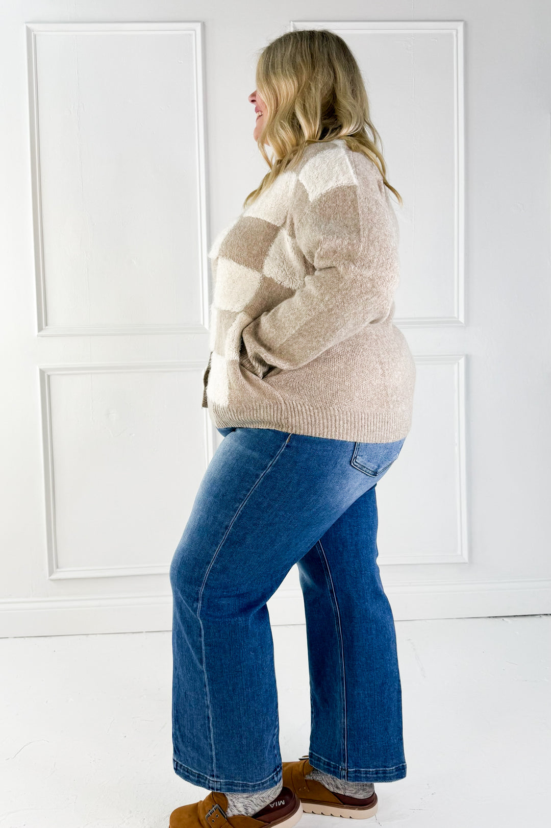 Puff Checker Sweater Curvy Cardigan