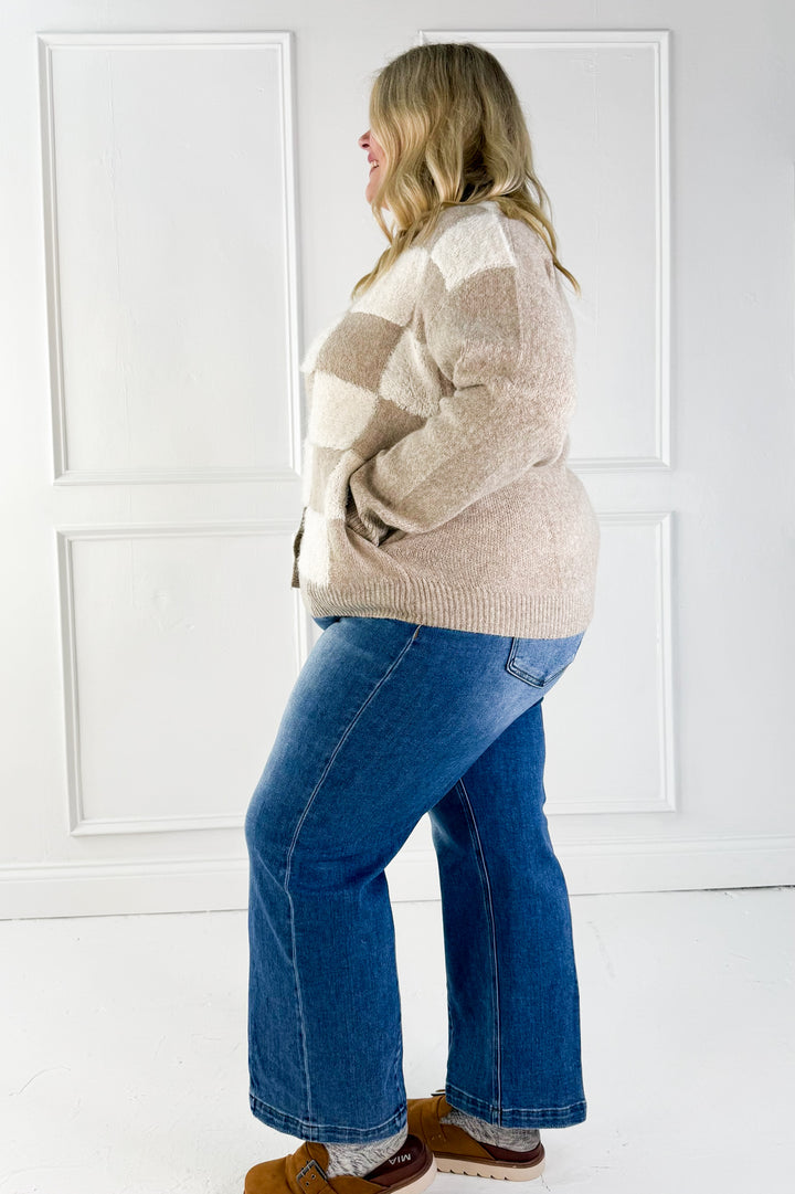 Puff Checker Sweater Curvy Cardigan
