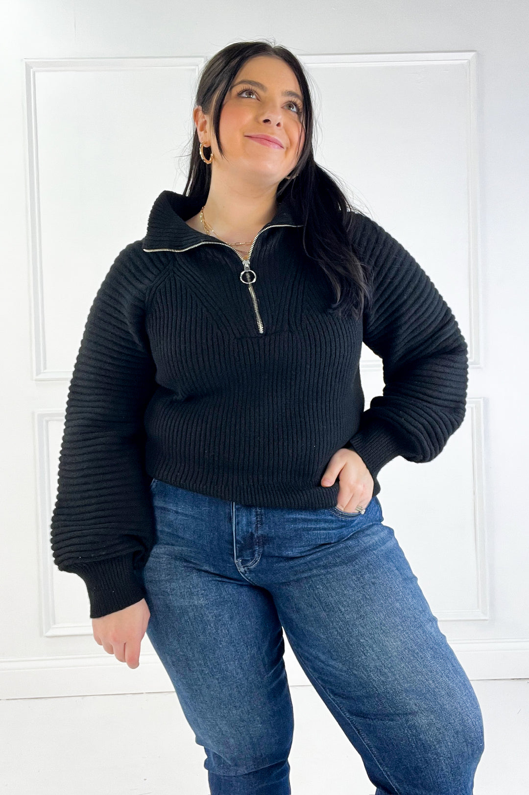 Half Zip Raglan Balloon Sleeves Ribbed Sweater