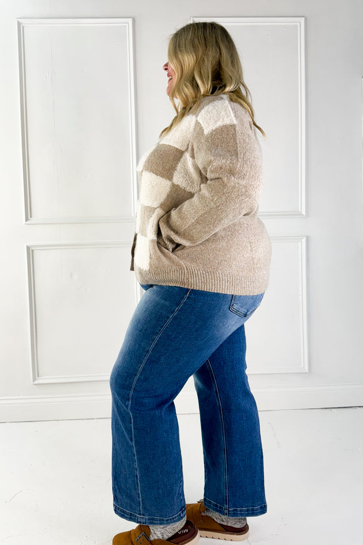 Puff Checker Sweater Curvy Cardigan